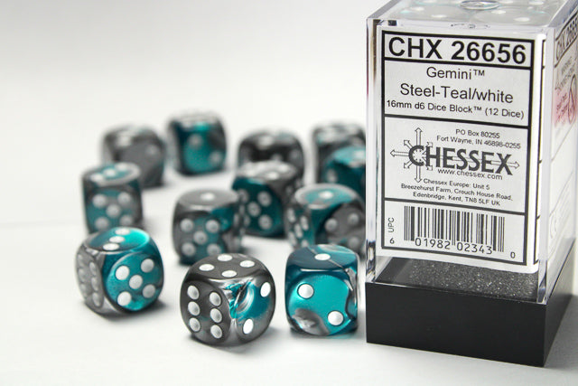 Chessex 16mm D6 Gemini Steel-Teal/White Dice Block