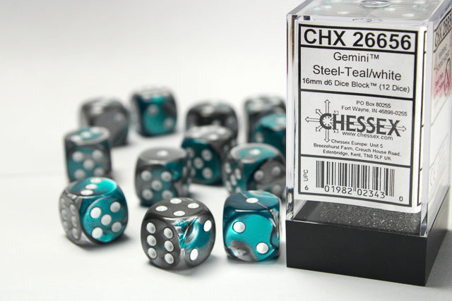 Chessex Gemini Steel-Teal/White 16mm d6 Dice Block