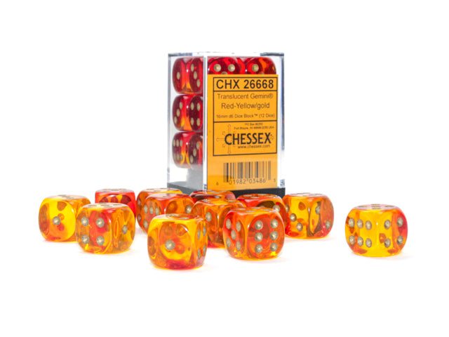 Chessex 16mm D6 Gemini Translucent Red-Yellow/Gold Dice Block