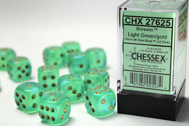 Chessex 16mm D6 Borealis Light Green/Gold Dice Block