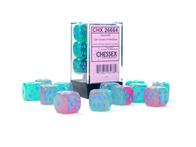 Chessex Gemini 16mm d6 Gel Green-Pink/blue Luminary Dice Block