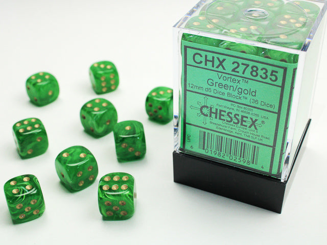 Chessex Vortex 12mm D6 Green/Gold Dice Block