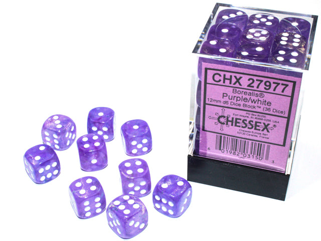Chessex Borealis 12mm D6 Purple/White Luminary Dice Block