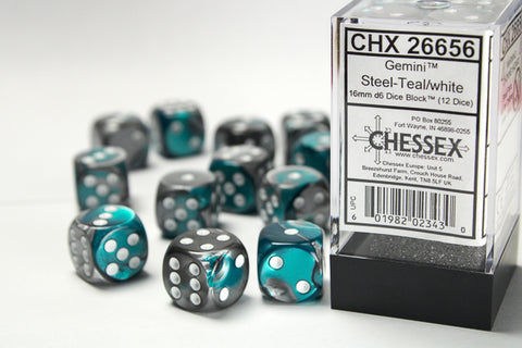 Chessex Gemini Steel-Teal/White 16mm d6 Dice Block