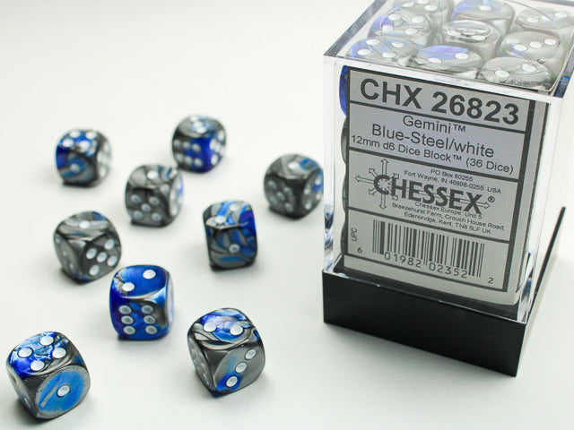 Chessex Gemini Blue-Steel/White 12mm d6 Dice Block