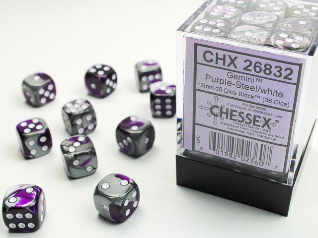 Chessex Gemini Purple-Steel/White 12mm d6 Dice Block