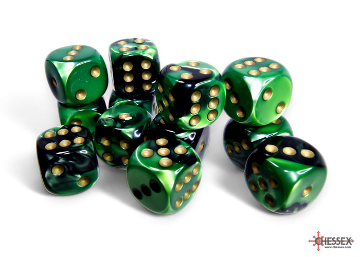 Chessex Gemini Black-Green/Gold 16mm d6 Dice Block