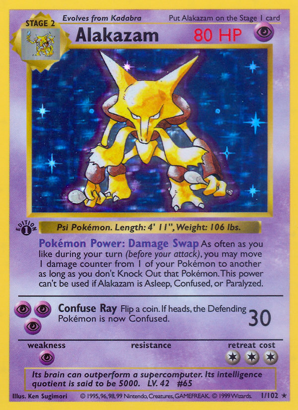 Alakazam - 1/102 - 1st Edition Holofoil Base Set Shadowless - Holo Rare