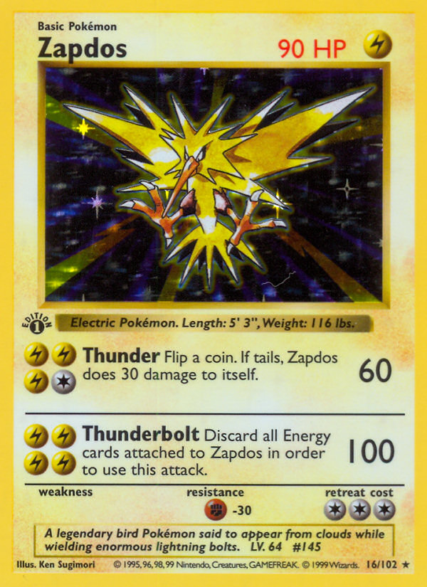 Zapdos - 16/102 - 1st Edition Holofoil Base Set Shadowless - Holo Rare