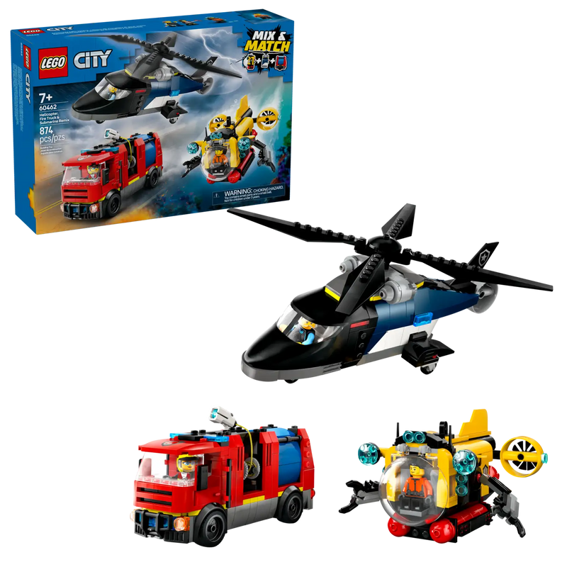 Lego City Helicopter, Fire Truck & Submarine Remix 874pcs