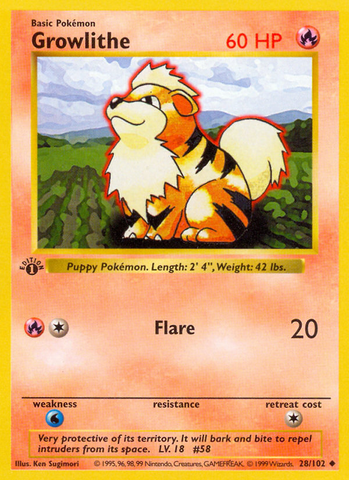 Growlithe - 28/102 - 1st Edition Base Set Shadowless - Uncommon
