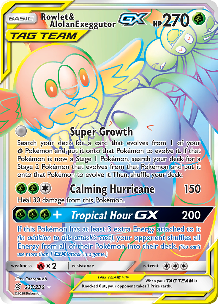 Rowlet & Alolan Exeggutor GX (Secret)/236 - SM  Unified Minds Holofoil