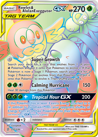 Rowlet & Alolan Exeggutor GX (Secret)/236 - SM  Unified Minds Holofoil