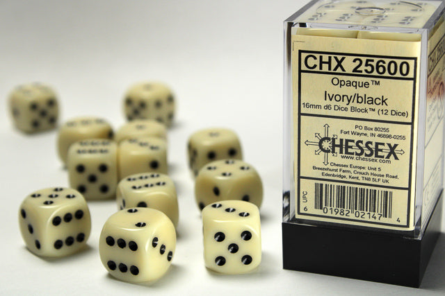 Chessex 16mm D6 Opaque Ivory/Black Dice Block