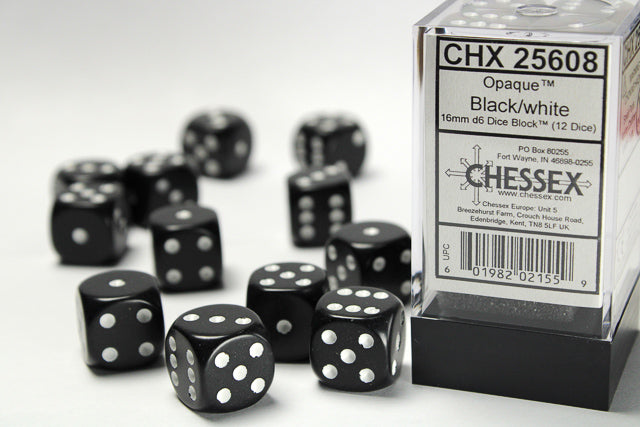 Chessex 16mm D6 Opaque Black/White Dice Block