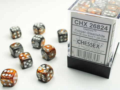 Chessex Gemini Copper-Steel/White 12mm d6 Dice Block