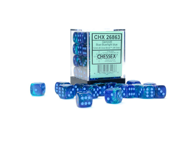 Chessex Gemini Blue-Blue/Light Blue Luminary 12mm d6 Dice Block