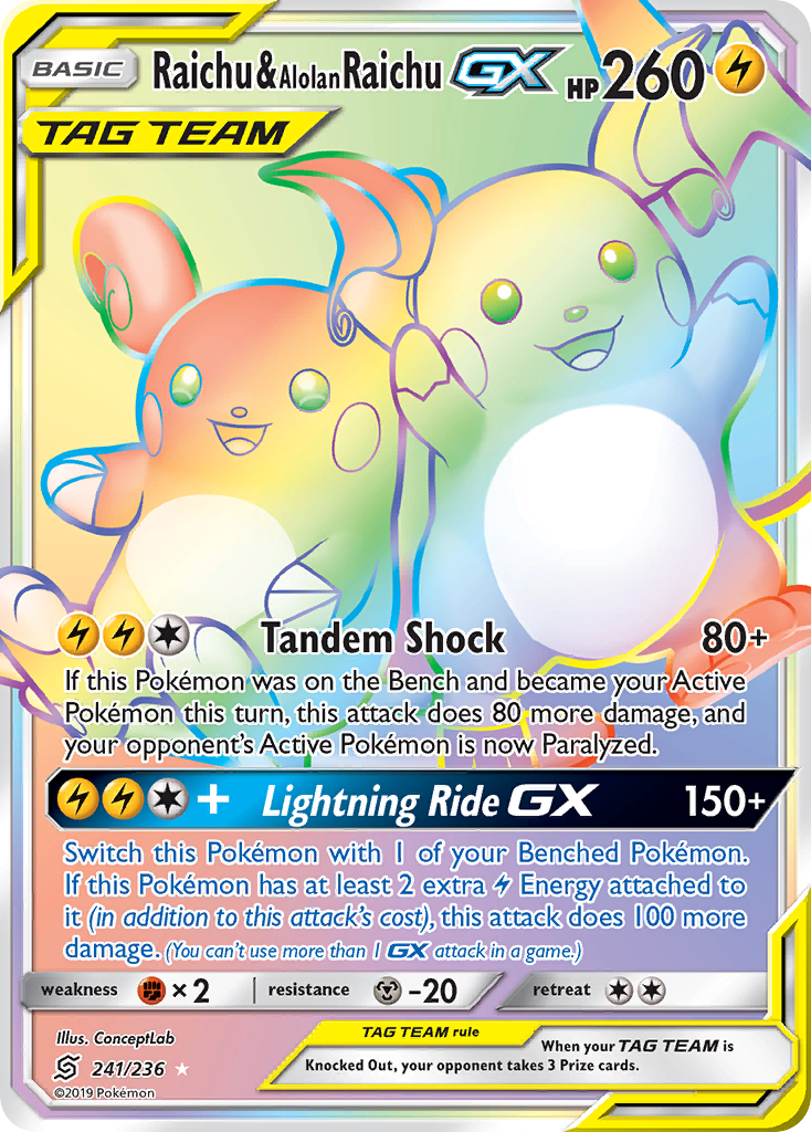 Raichu & Alolan Raichu GX (Secret)/236 - SM  Unified Minds Holofoil
