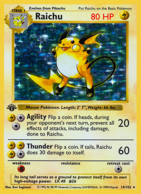 Raichu - 14/102 - 1st Edition Holofoil Base Set Shadowless - Holo Rare