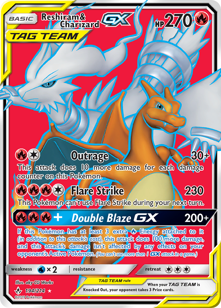 Reshiram & Charizard GX (Full Art) 194/214 - SM  Unbroken Bonds Holofoil
