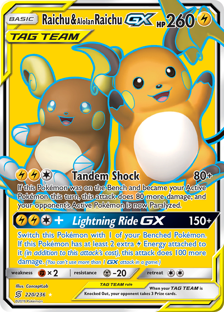 Raichu & Alolan Raichu GX (Full Art)/236 - SM  Unified Minds Holofoil